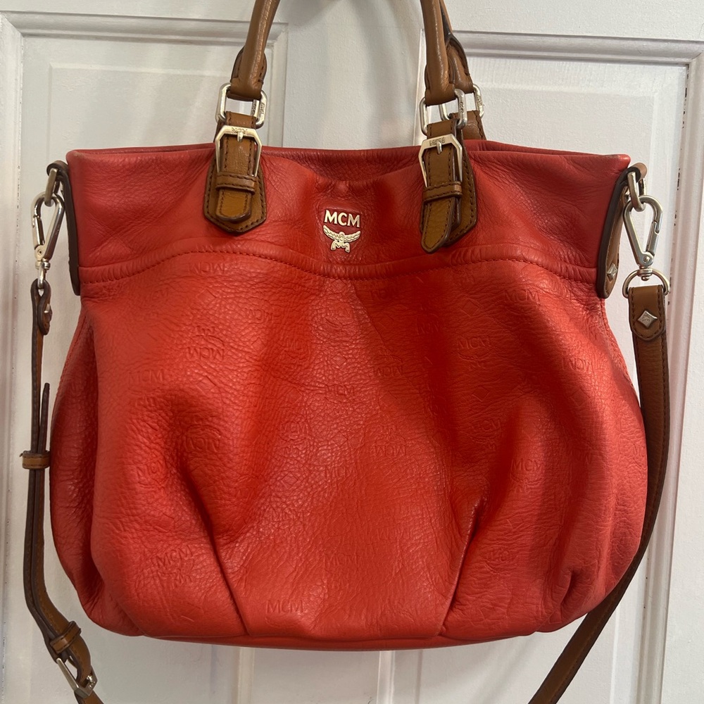 MCM Corral and Brown Two-Way Pebbled Leather Shoulder Bag with Gold Accents